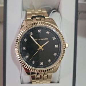 Vince Camuto Gold and Black Crystal Accent Bracelet Watch